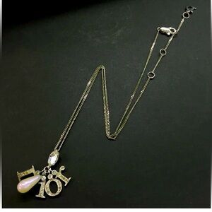 Christian Dior Logo Rhinestone Pearl Silver Tone Pendant Necklace